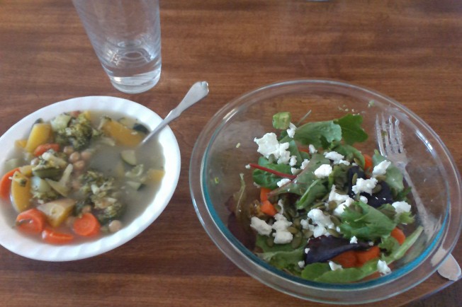 Leftover salad with goat cheese and vegetarian soup