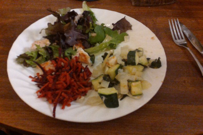 Apricot Chicken on mixed greens, carrot and beet salad and zuchini with basil